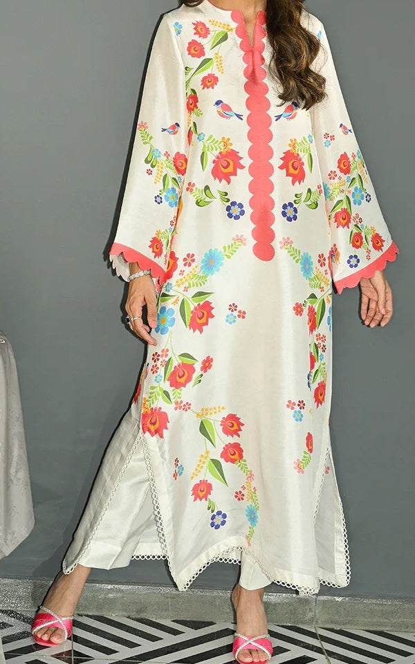 Scalloped Blossom Cotton Satin Blend Kaftan