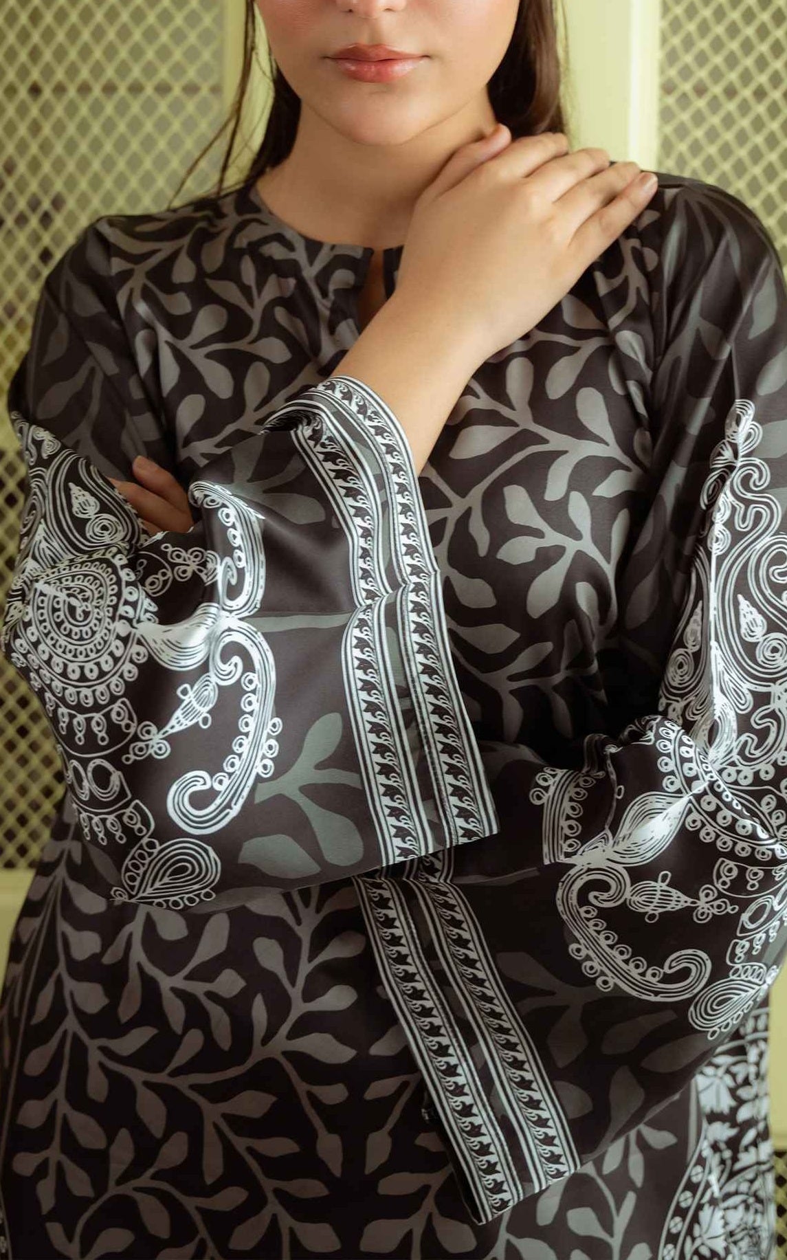 Charcoal Elegance Cotton Satin Blend Kurta with Crepe Pants