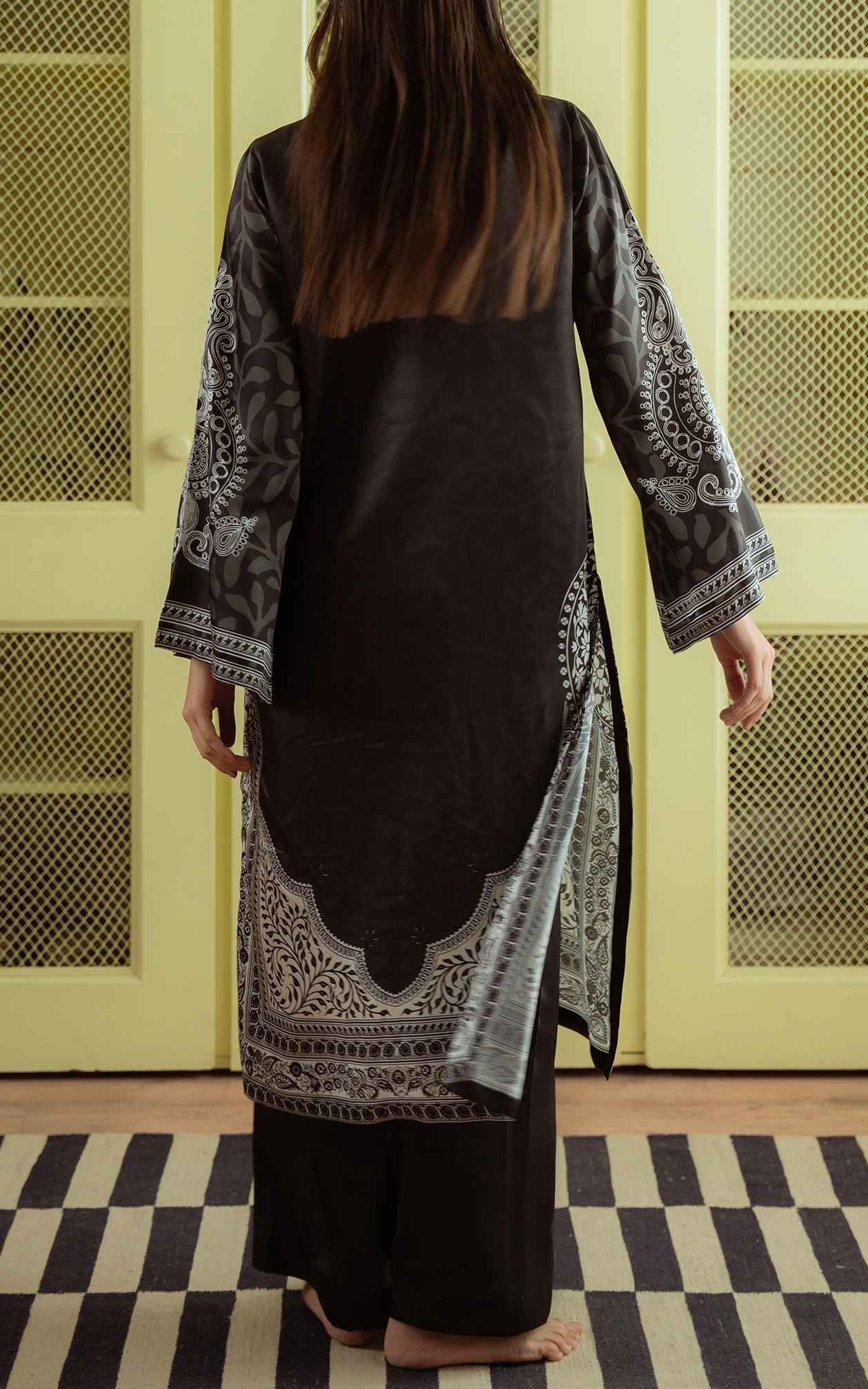 Charcoal Elegance Cotton Satin Blend Kurta with Crepe Pants