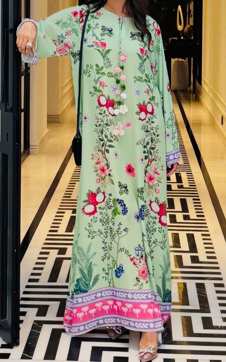 Mint Garden Bloom Median Silk Crepe Kaftan