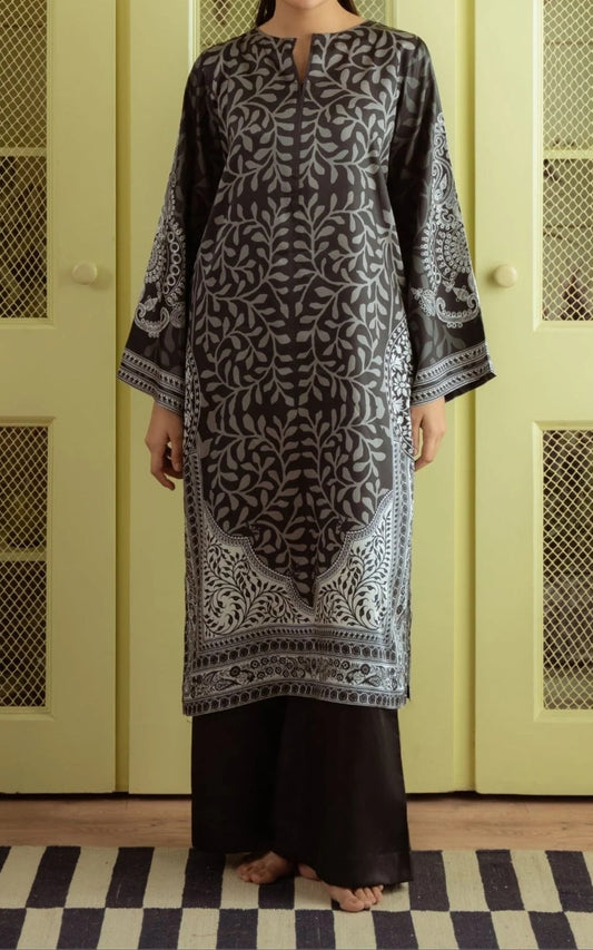 Charcoal Elegance Cotton Satin Blend Kurta with Crepe Pants