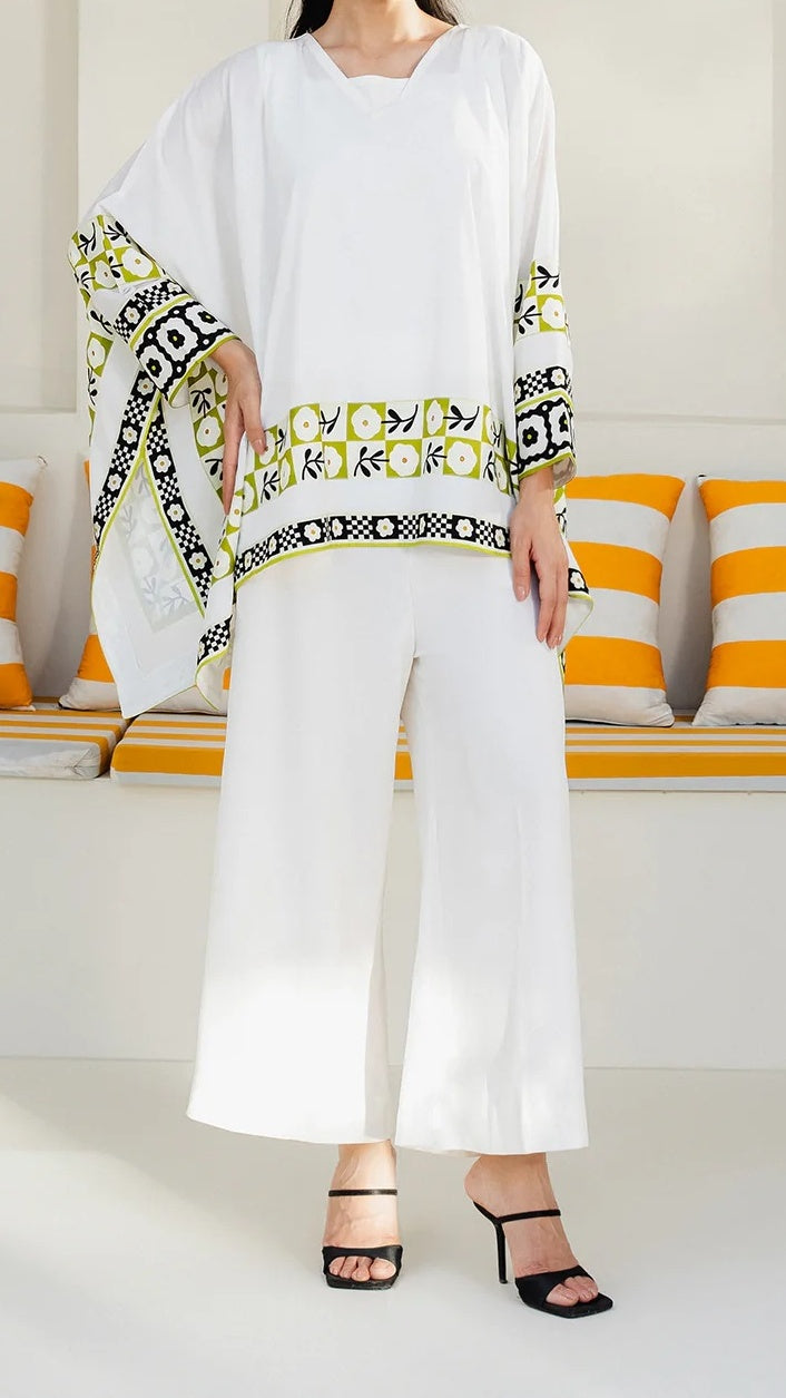 Ivory Printed Kaftan Top white set