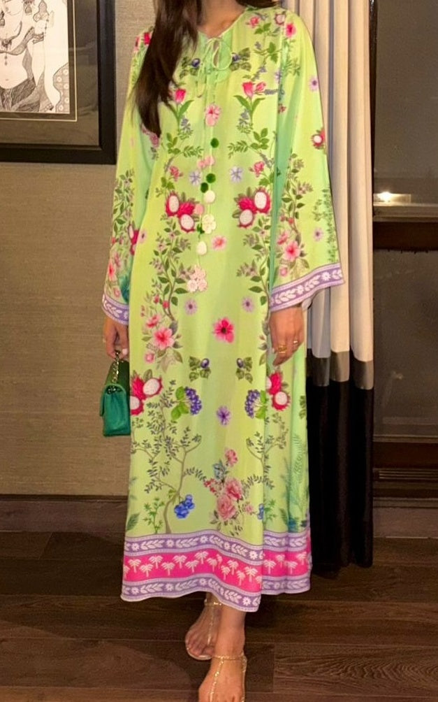 Mint Garden Bloom Median Silk Crepe Kaftan
