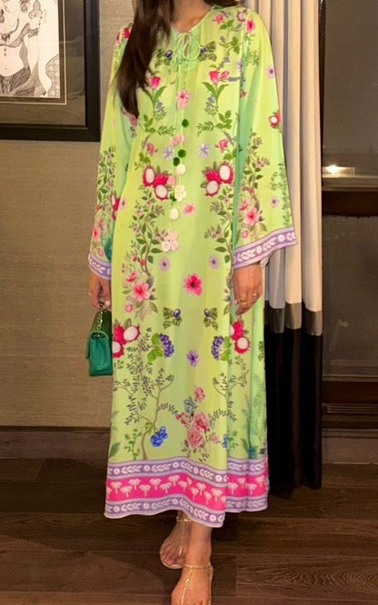 Mint Garden Bloom Median Silk Crepe Kaftan