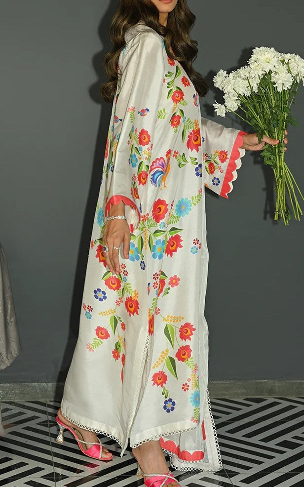 Scalloped Blossom Cotton Satin Blend Kaftan