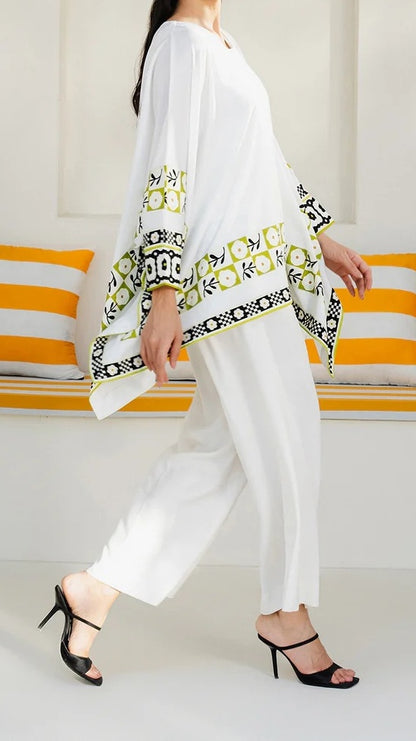 Ivory Printed Kaftan Top white set