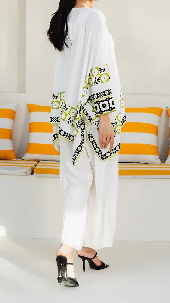 Ivory Printed Kaftan Top white set