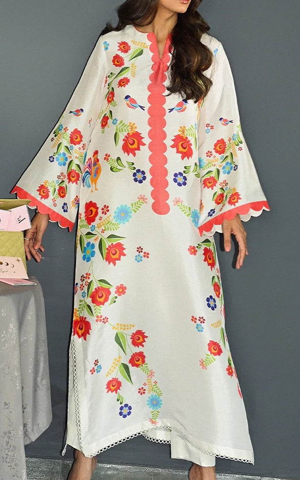 Scalloped Blossom Cotton Satin Blend Kaftan