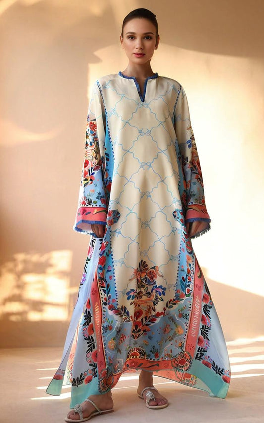 Azure Blossom Premium Soft Crepe Kaftan