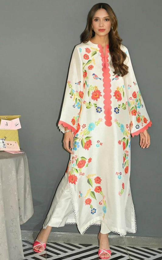 Scalloped Blossom Cotton Satin Blend Kaftan