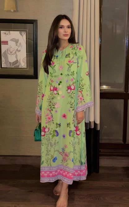 Mint Garden Bloom Median Silk Crepe Kaftan
